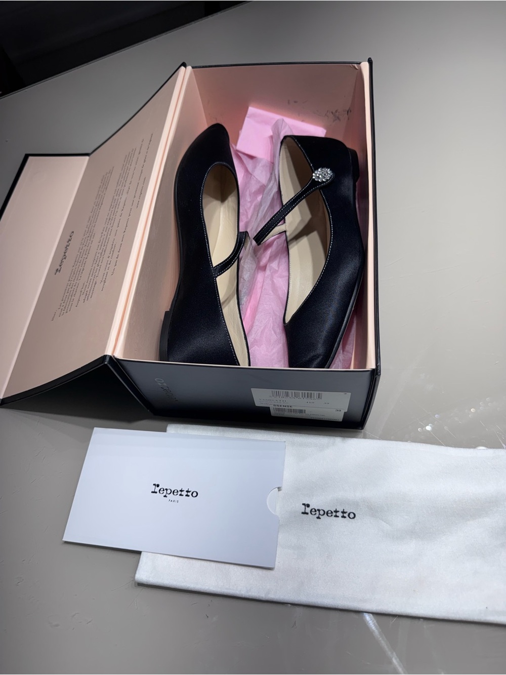 Repetto Black Satin Mary Jane Flats with Crystal Strap Accent